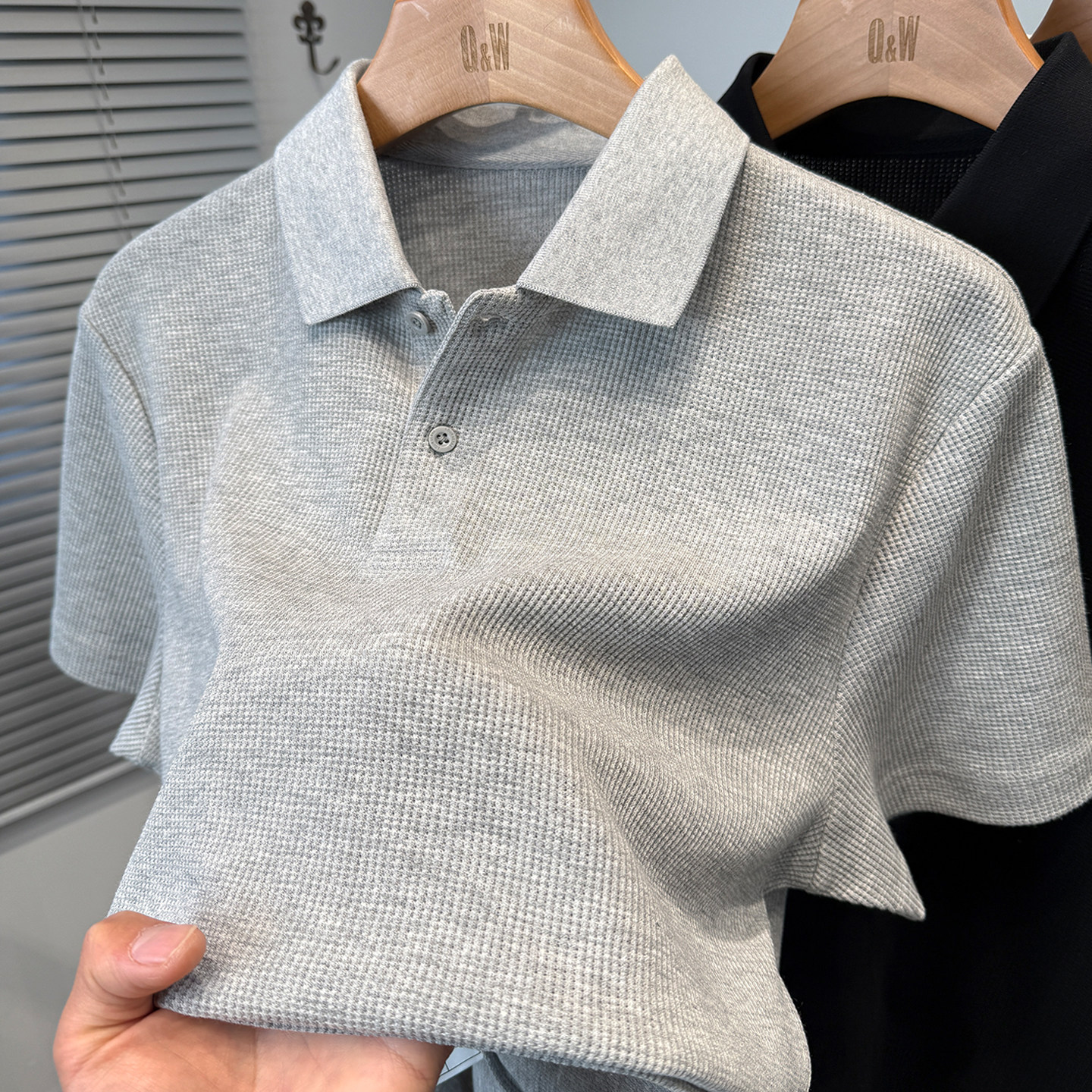 华夫格t恤男短袖翻领夏季青年休闲百搭纯色polo衫男装半袖上衣服