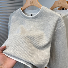 假两件圆领卫衣男款秋冬季加厚套头上衣服宽松t恤男长袖纯色百搭