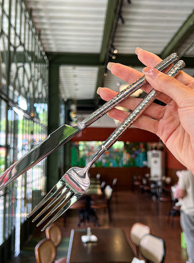 高颜值圆钻锤纹304不锈钢西餐餐具 酒店牛排刀叉家用长柄勺甜品勺