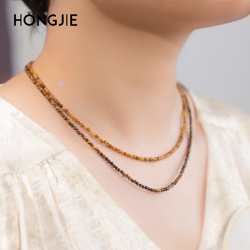 虎眼石项链东海水晶玛瑙宝玉石散珠子极细金黄猫眼虎睛石2mm颈链