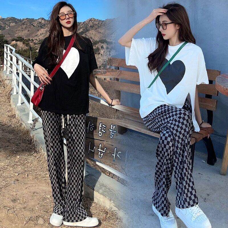 孕妇短袖2023夏套装潮妈开叉时尚宽松T恤+棋盘格托腹裤孕妇两件套