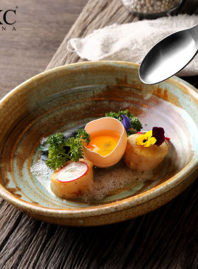 DXC个性盘子复古陶瓷菜盘不规则家用深盘子汤盘创意日式异形盘