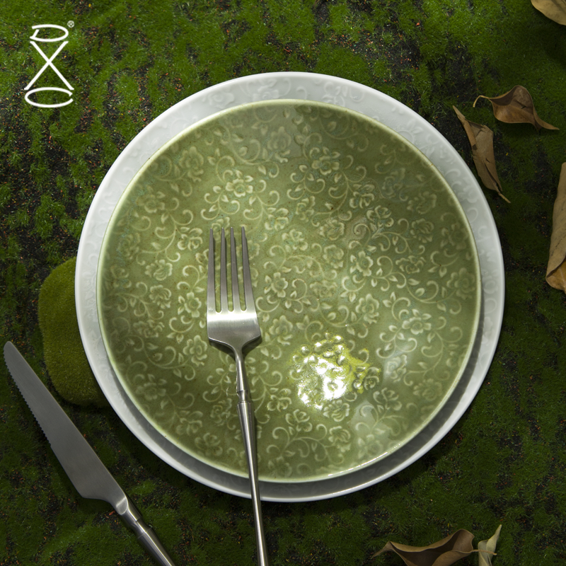 DXC窑变陶瓷玫瑰浮雕汤盘