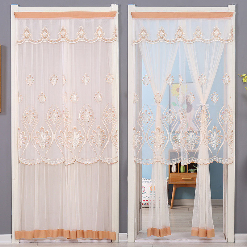 免打孔双层帘对开设计蕾丝门帘