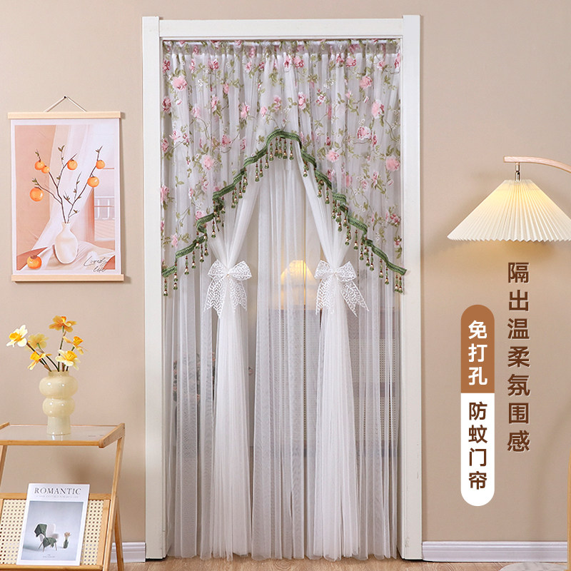 夏季新款蕾丝防蚊门帘隔断窗家用免打孔卧室双层纱帘防隐私遮挡帘