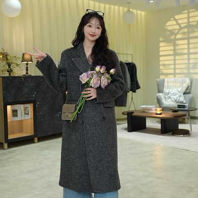 2024秋冬新款复古斜纹垫肩西装领长款双面羊绒大衣女过膝羊毛外套