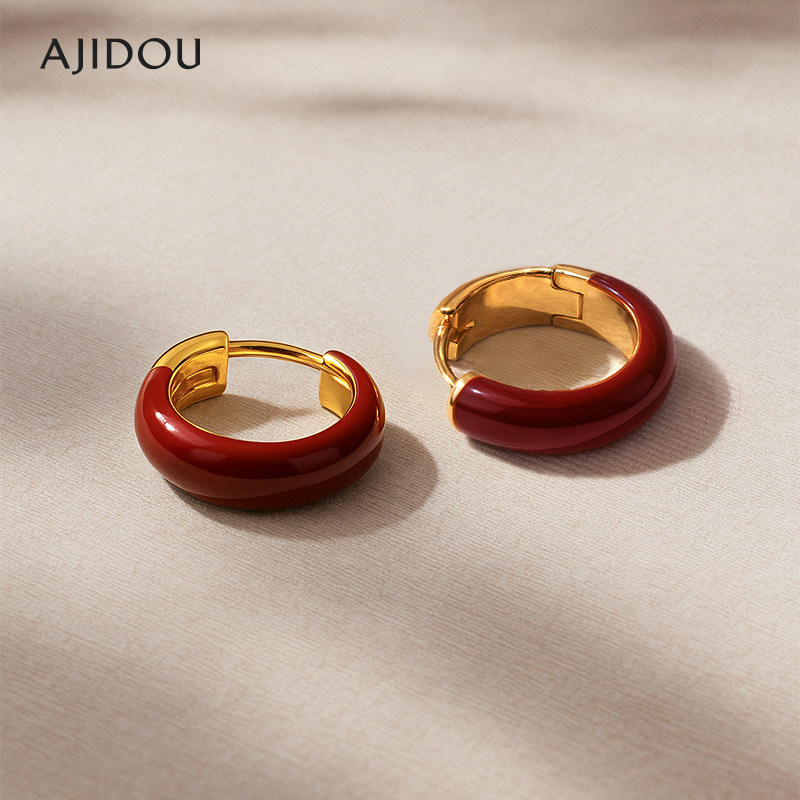 AJIDOU阿吉豆耳环女款红色耳环法式复古圈圈耳扣显白秋冬新年耳饰