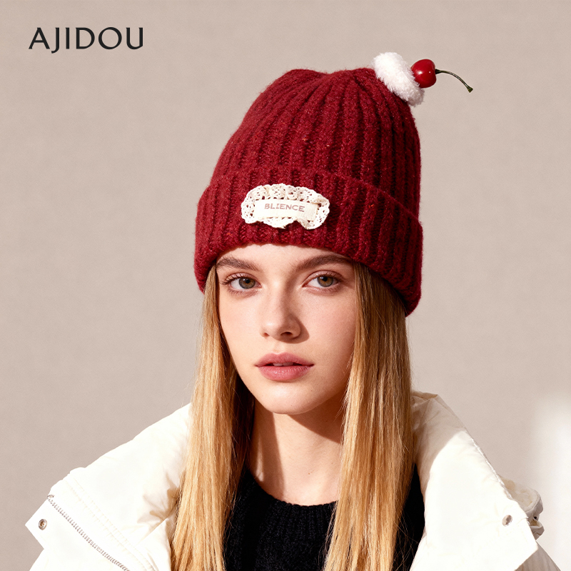 AJIDOU阿吉豆帽子女款红色毛线帽