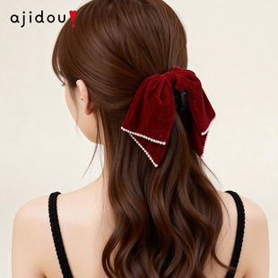 AJIDOU阿吉豆小抓夹新年过年红色蝴蝶结抓夹新娘发卡敬酒服头饰女