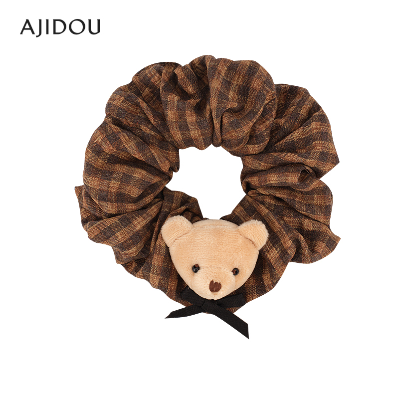 阿吉豆发圈女可爱小熊俏皮线下同款格子皮筋高马尾发饰头绳