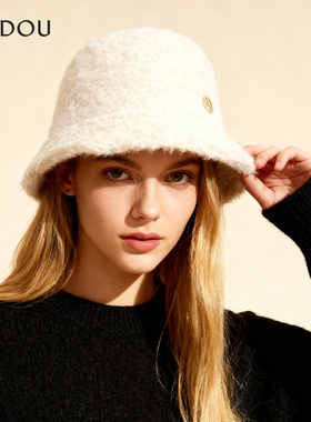 AJIDOU阿吉豆帽子女款白色毛绒设计感秋冬保暖帽显脸小盆帽渔夫帽