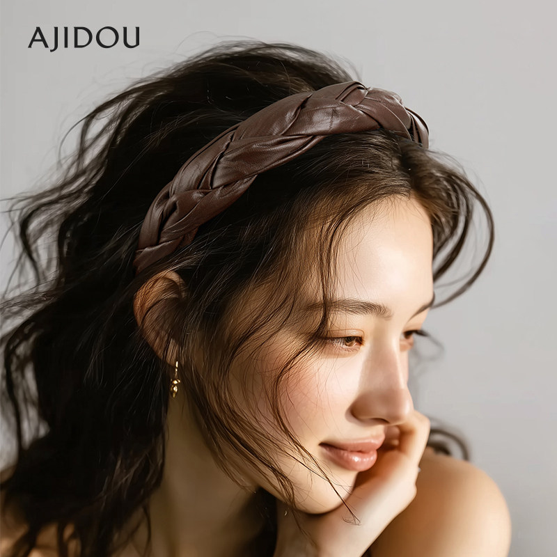 AJIDOU阿吉豆发箍甜酷编织PU革高颅顶洗脸碎发不勒头麻花头箍发饰