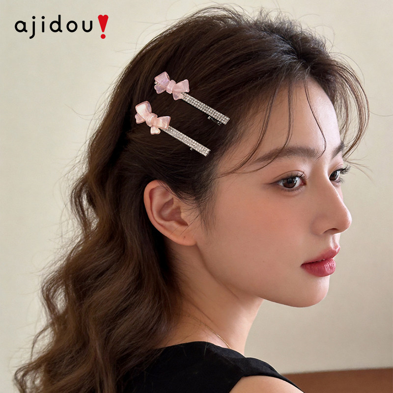 AJIDOU阿吉豆樱花粉蝴蝶结小发夹2026新款侧边夹鸭嘴夹刘海夹发饰