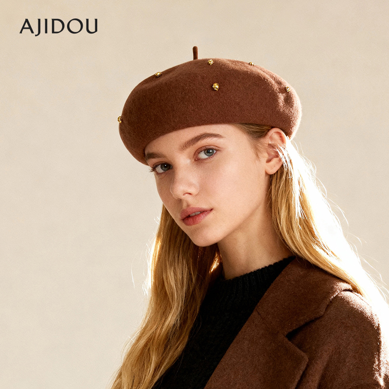 阿吉豆贝雷帽女美拉德绵羊毛帽子