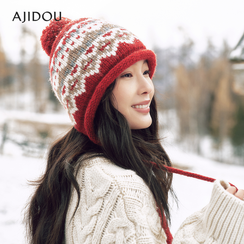 阿吉豆帽子女冬季保暖针织毛线帽