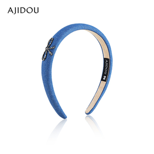 AJIDOU阿吉豆发饰女牛仔蓝复古发箍气质蝴蝶结仿水晶高颅顶宽头箍