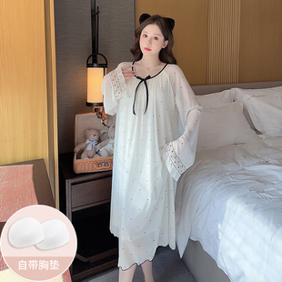家居 现货宫廷风睡裙女长袖 春秋季 法式 公主蕾丝带胸垫性感睡衣长款