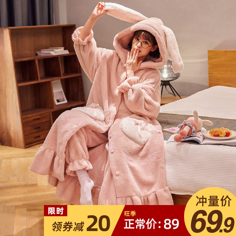 睡衣女秋冬季法兰绒加厚加绒睡袍长款保暖套装可爱珊瑚绒家居服