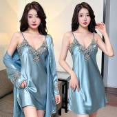 睡衣女士性感2025新款 家居服 冰丝睡袍两件套装 吊带春秋款 睡裙薄款