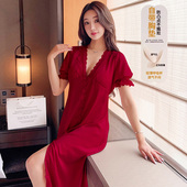 睡裙带胸垫家居服2026年新款 冰丝睡衣女春夏季 性感中长款 短袖 薄款