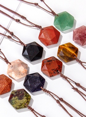 秋冬青金石六芒星皮绳链女士项链