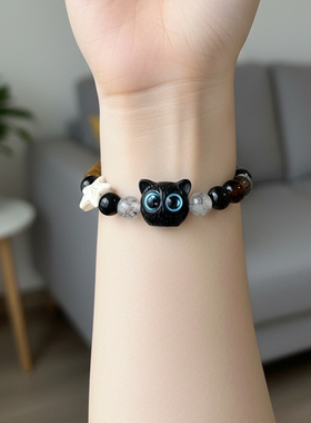 奶酪黑芝麻小猫咪黑猫手串女中古风星星黑白调可爱ins情侣手链J