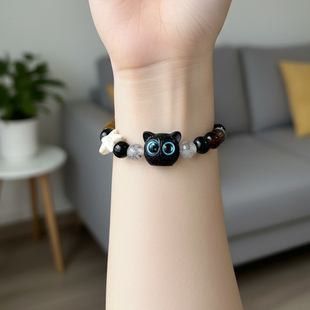 奶酪黑芝麻小猫咪黑猫手串女中古风星星黑白调可爱ins情侣手链J