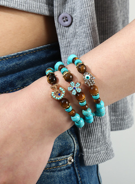 欧美女绿松石8mm手串十字架弹力串珠手饰小众复古虎眼石手链送礼J