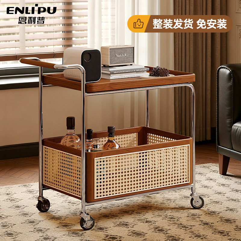 恩利普藤编移动边几中古风茶几客厅沙发边柜实木小推车角几置物架,住宅家具,角几/边几,淘宝优惠券,粉丝福利购,淘宝优惠卷