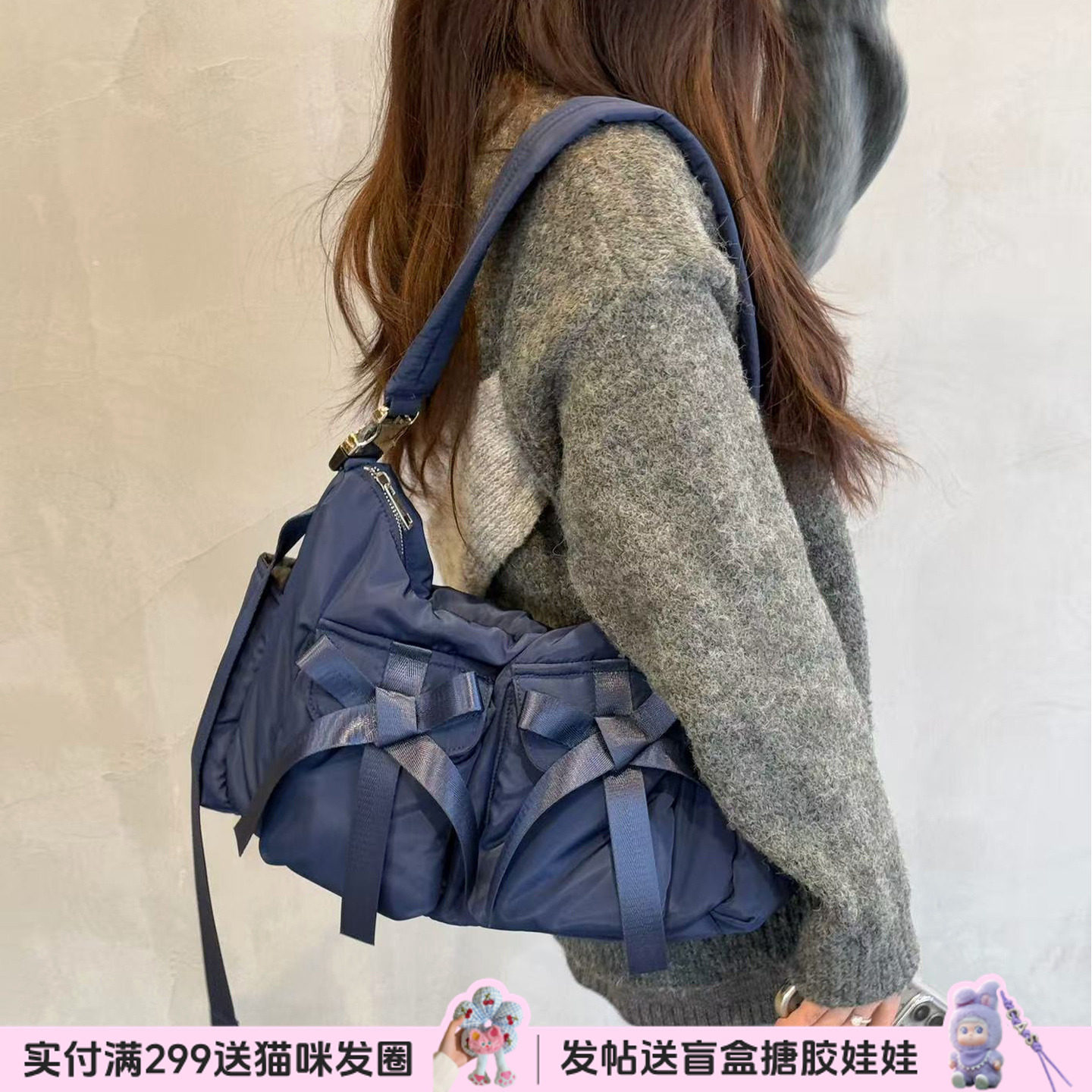 casselini日系小众设计感户外蝴蝶结双口袋单肩包斜挎包女大容量