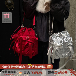 casselini小众设计感红色蝴蝶结中号单肩包手提斜挎包包女