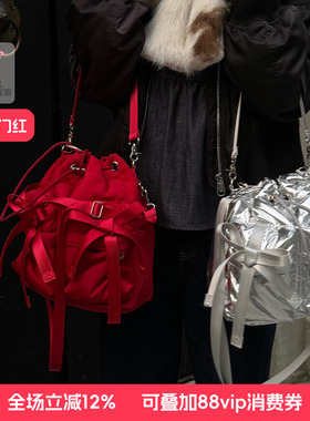 casselini小众设计感红色蝴蝶结中号单肩包手提斜挎包包女