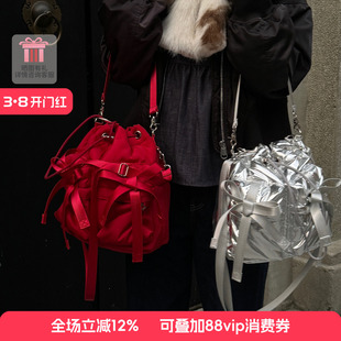 casselini小众设计感红色蝴蝶结中号单肩包手提斜挎包包女