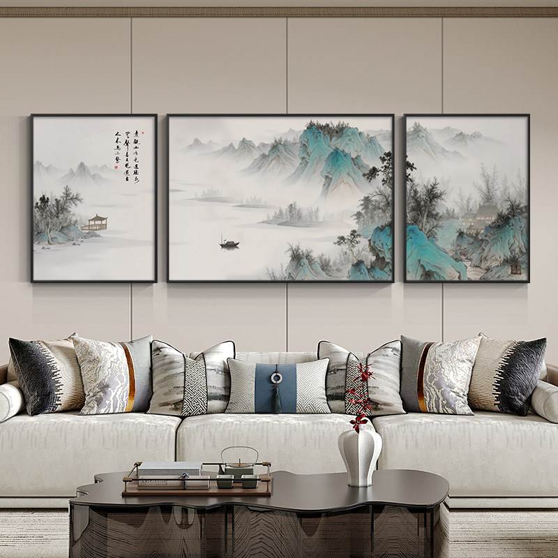 新中式山水画客厅装饰画2026新款沙发背景墙挂画高级感大三联壁画