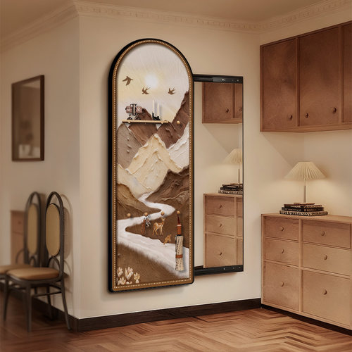 中古风背有靠山玄关推拉镜装饰画2025新款洞洞板暗藏式穿衣镜挂画