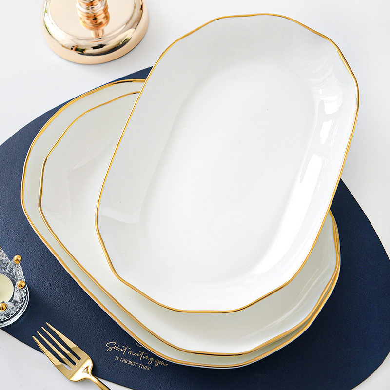 金边长方形鱼盘家用蒸鱼盘子菜盘家用骨瓷加深超大号陶瓷装菜深盘