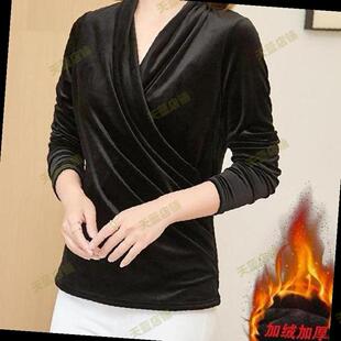 黑色V领金丝绒长袖T恤女加绒加厚修身收腰褶皱上衣保暖妈妈打底衫