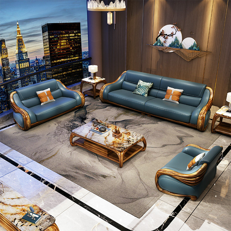 现代新中式乌金木沙发头层牛皮真皮沙发组合高档别墅实木客厅家具