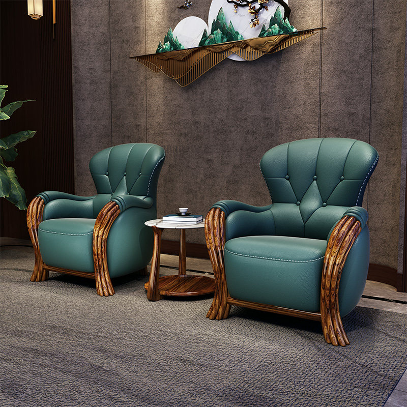 乌金木现代新中式休闲椅实木真皮单人椅客厅设计师单人沙发高背椅