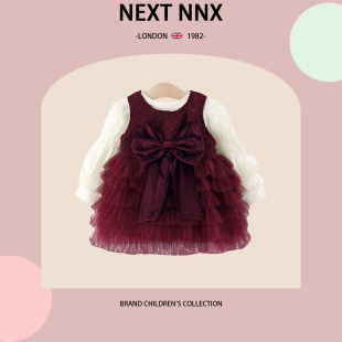 英国NEXT 公主裙子 NNX女宝宝秋季 公主风蝴蝶结网纱裙甜美泡泡长袖