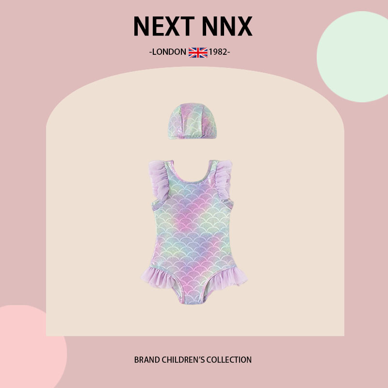 英国NEXT NNX儿童泳衣女童网纱飞袖连体游泳衣彩色渐变鱼鳞纹泳衣