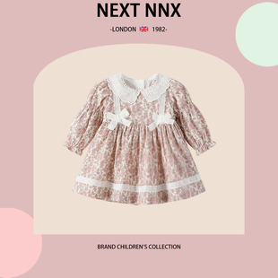 NNX女童春秋甜美碎花连衣裙女宝宝蕾丝蝴蝶结长袖 英国NEXT 公主裙