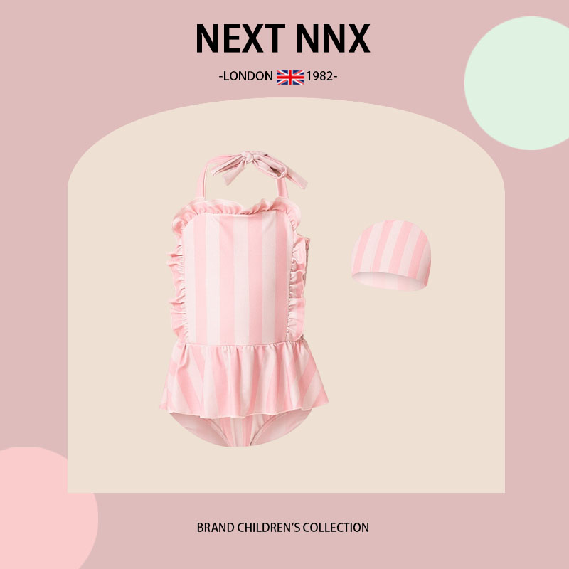 英国NEXT NNX儿童泳衣女童挂脖连体宝宝泳装度假游泳衣粉白色条纹