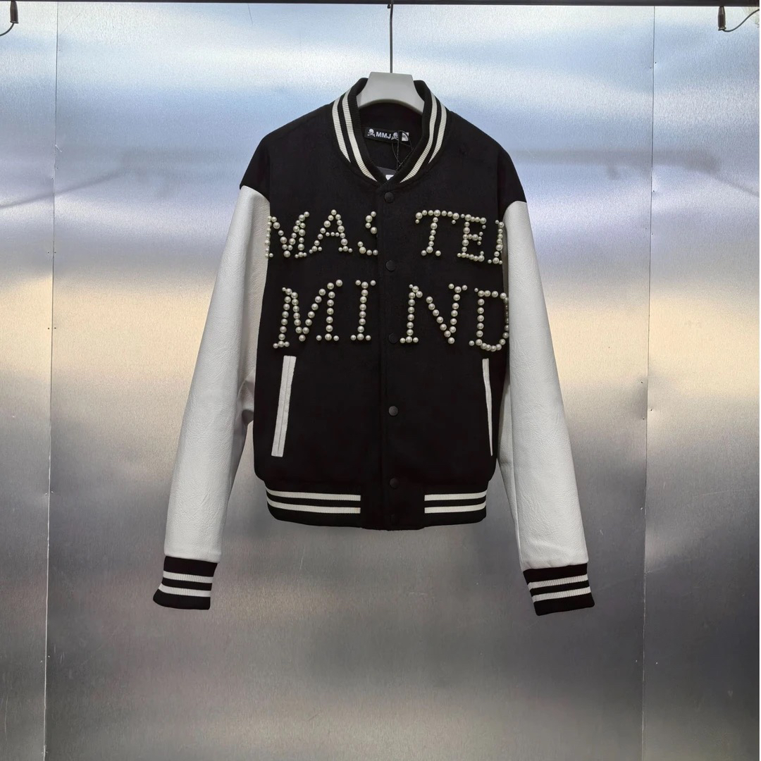 MMJ经典棒球服外套珍珠外套刺绣皮革拼接立领夹克新品31105