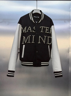 MMJ经典棒球服外套珍珠外套刺绣皮革拼接立领夹克新品31105