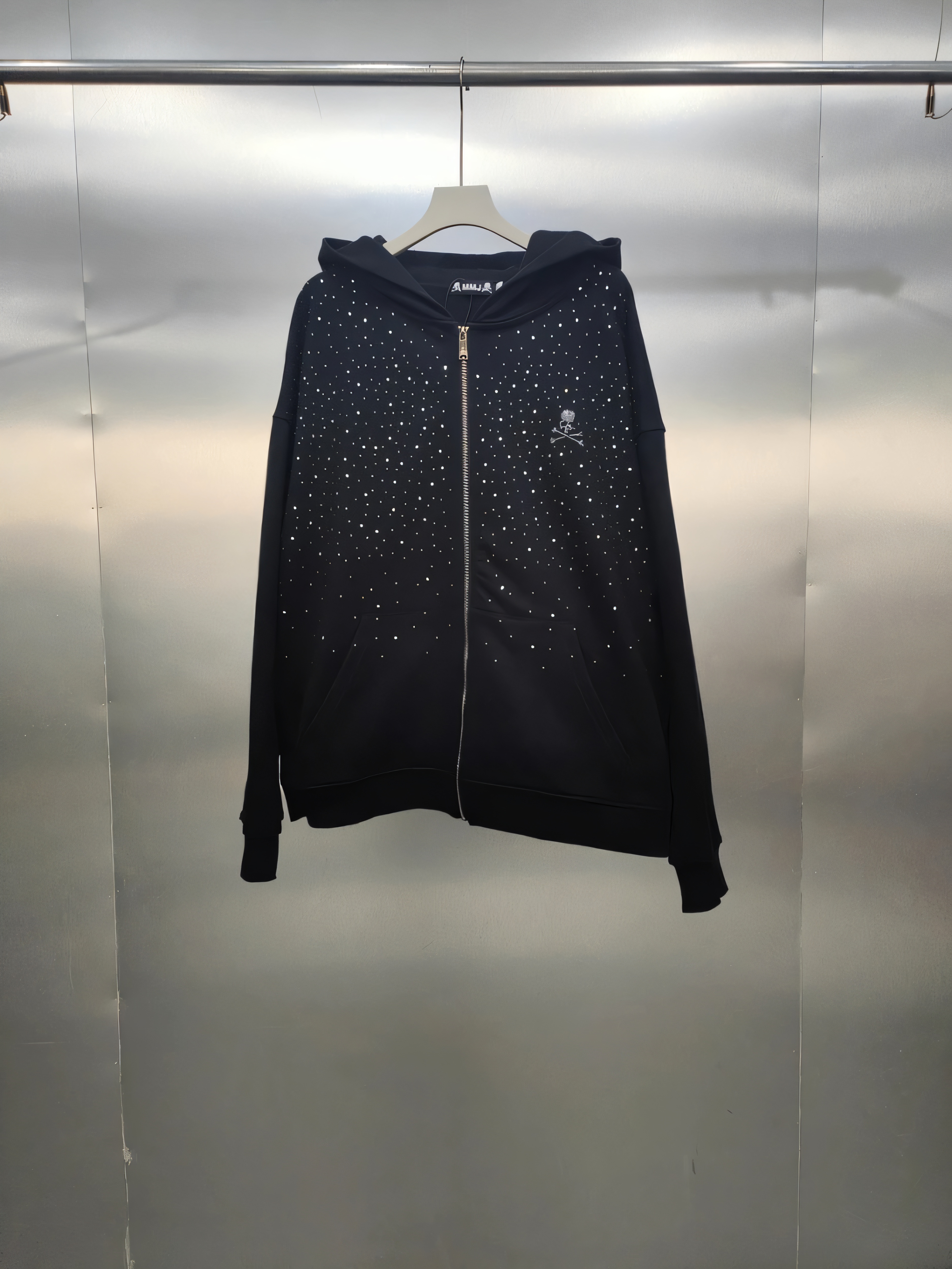 MMJ连帽细闪满天星卫衣外套秋款宽松薄款拉链开衫上衣黑色21011