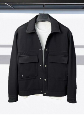 鸟家没标 春装新款黑色工装休闲多口袋翻领夹克短款外套男32420