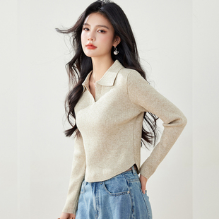 翻领短款套头毛衣女2026春季新款内搭打底衫小个子针织衫气质上衣