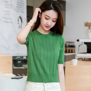 薄款针织衫女半袖2026春季新款女装小个子短款上衣修身中袖打底衫