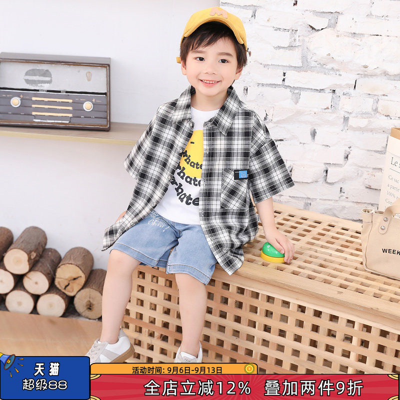 【专柜同款】波波龙男宝宝洋气格子短袖衬衫2024新款男童棉柔衬衣图片